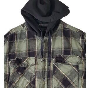 No Boundaries Mens Hooded Flannel Shirt Large Green Black Plaid Long Sleeve L